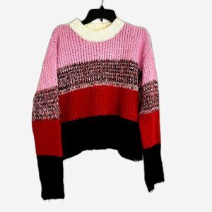 J.O.A. Colorblock Knit Sweater Balloon Sleeves Cozy Textured Size L